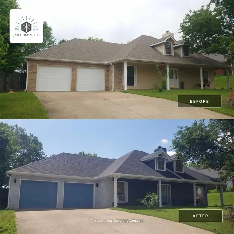 Before and after of a brick ranch: tan roof and white doors before, charcoal roof, navy siding and blue garage doors after